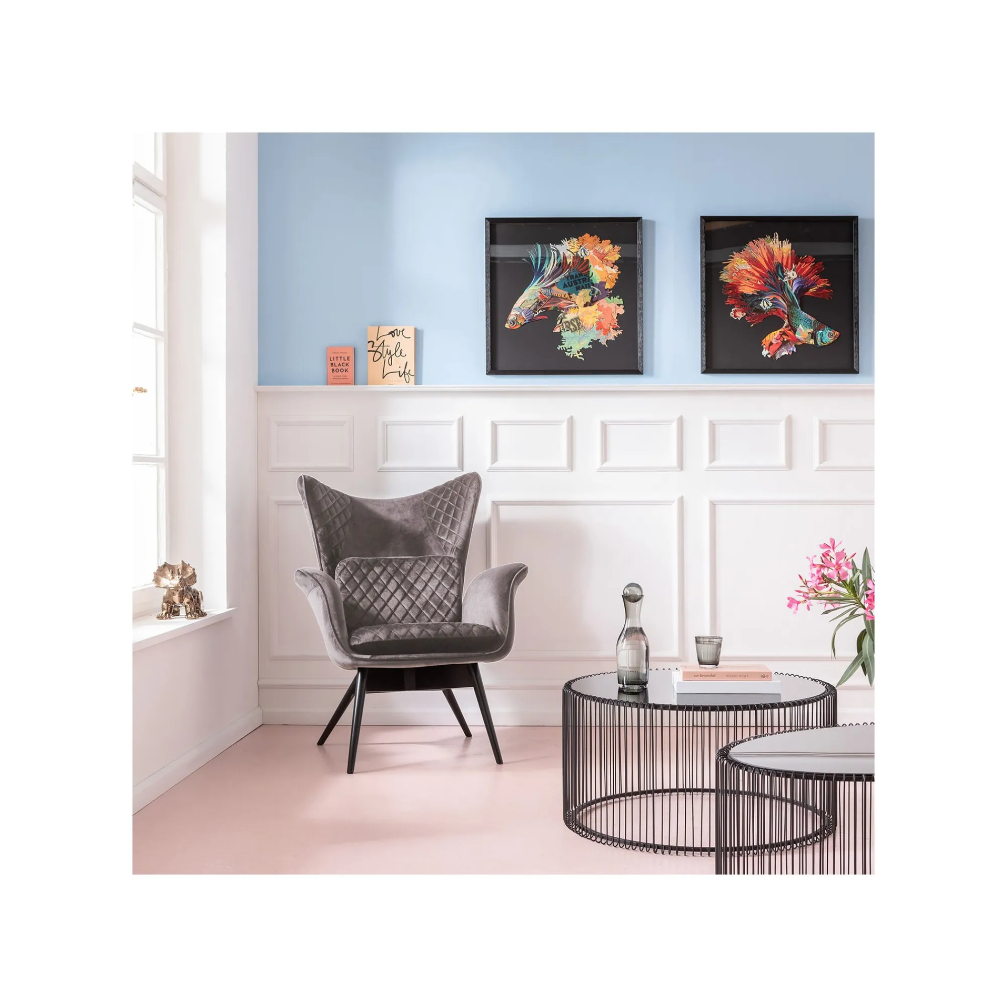 KARE Design Fauteuil Tudor Velours Gris ^ Fauteuil